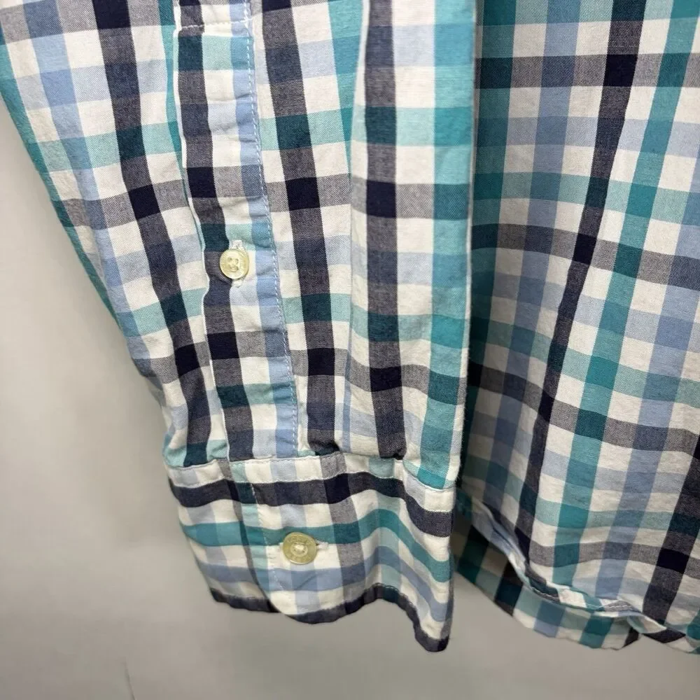 J.Crew Button Down Shirt Mens Large Blue Teal Black Gingham Check Long Sleeve